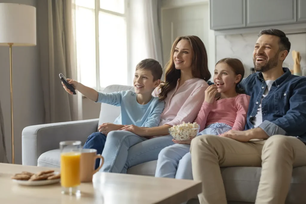 Family enjoying IPTV subscription with IPTV Smarters Player Pro – streaming HD/4K movies and channels on smart TV with reliable IPTV Smarters Pro subscription.